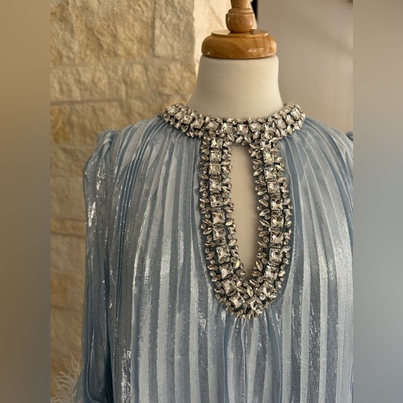 Self Portrait Blue Metallic Chiffon Feather Midi Dress - Picture 10 of 17